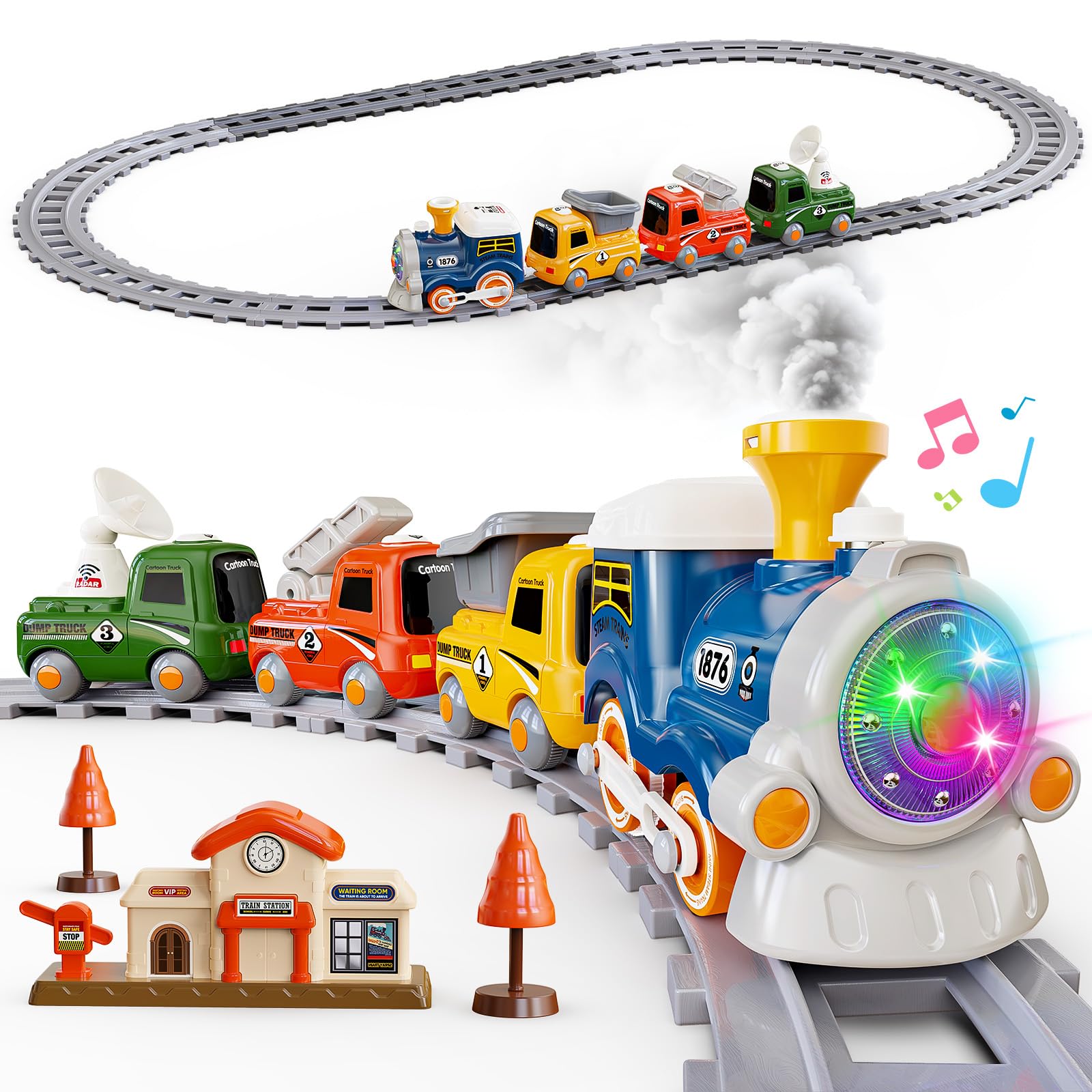 Hot Bee locomotive with steam puff and lights for immersive playtime.