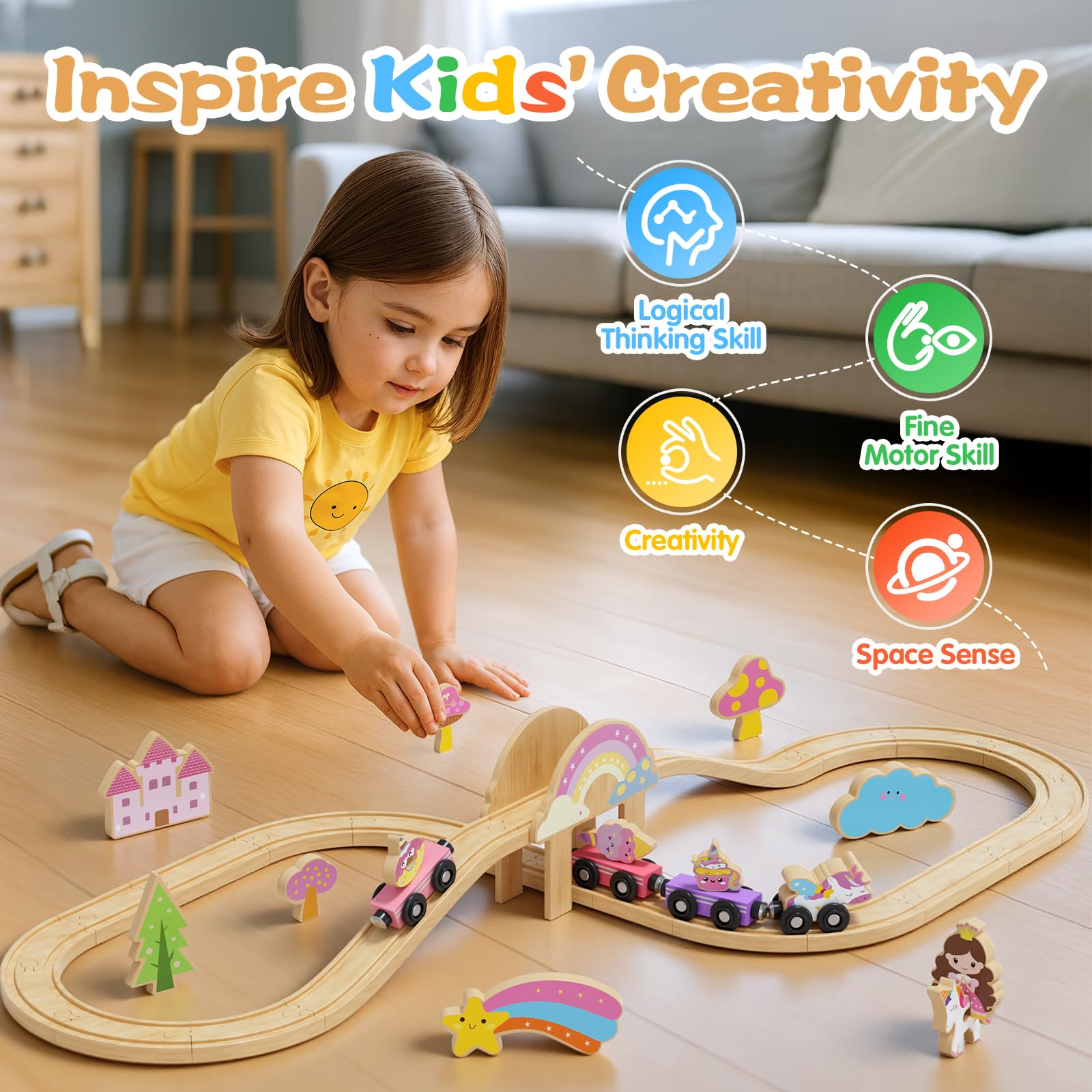 Hot Bee Unicorn Train Set fairy wagons enhance storytelling during pretend play.