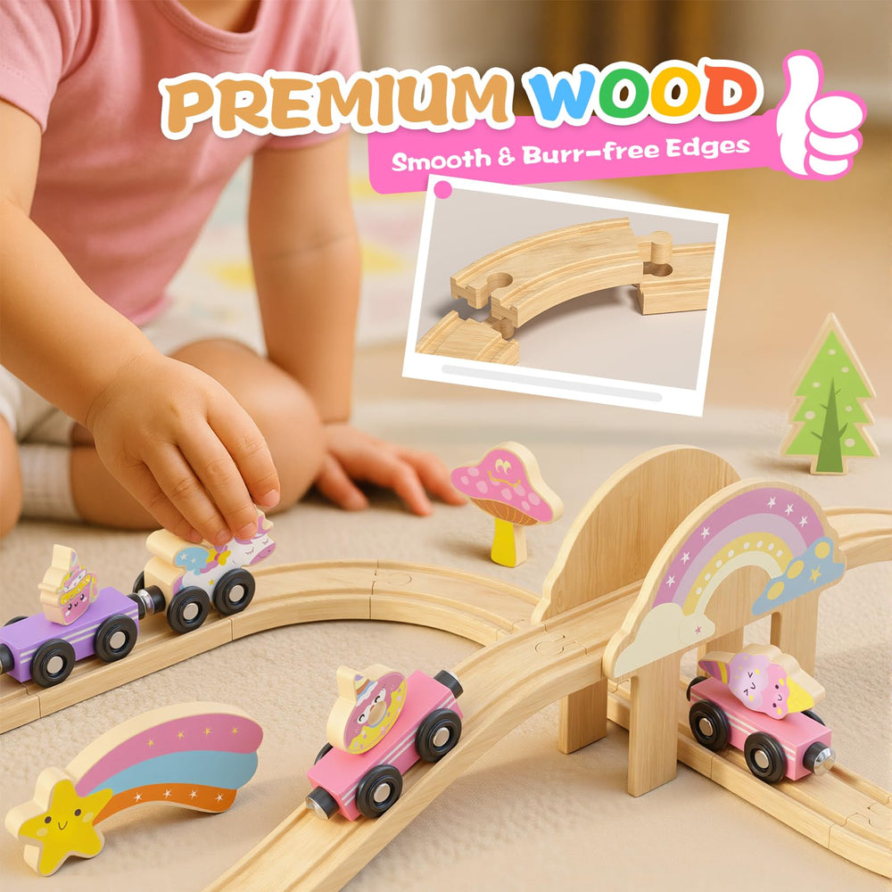 Hot Bee Unicorn Train Set pastel tracks create a gentle, engaging setup for toddlers.