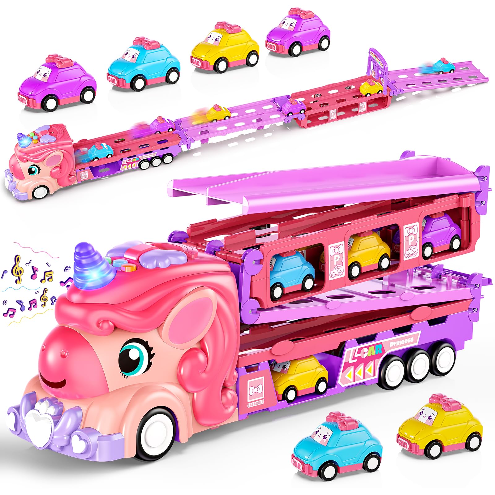 Hot Bee unicorn truck transforms into a two-lane race track for imaginative play.