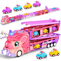 Hot Bee unicorn truck transforms into a two-lane race track for imaginative play.