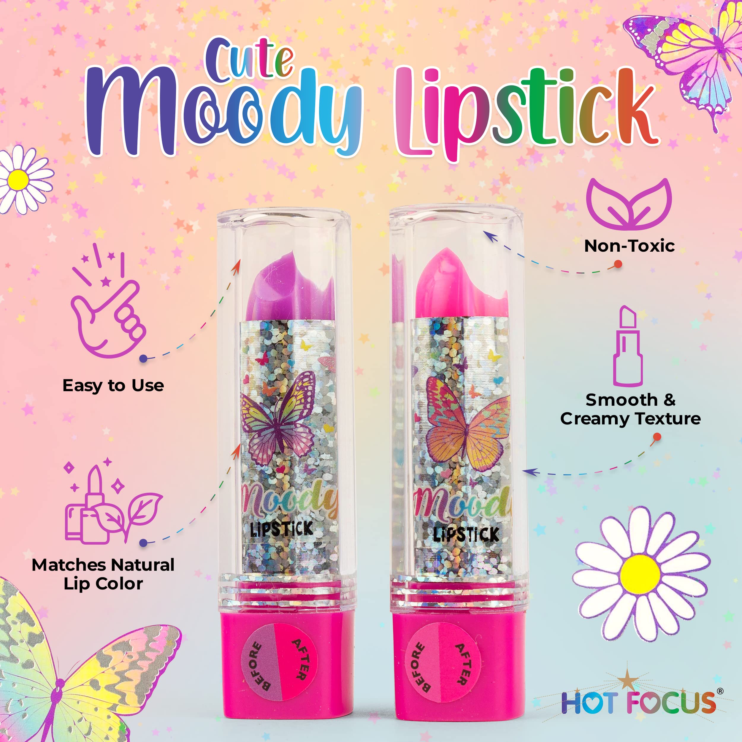 Hot Focus Toddler Makeup Kit mood-change lipsticks show color shift during wear