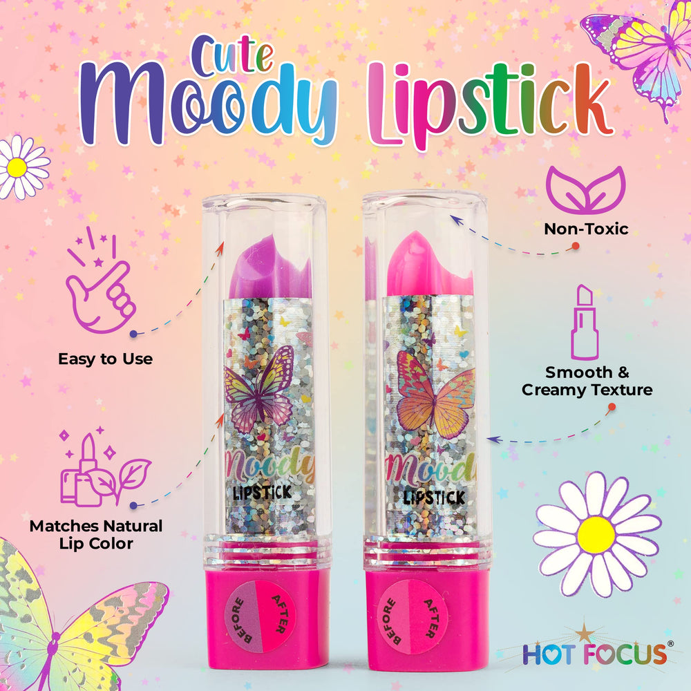 Hot Focus Toddler Makeup Kit mood-change lipsticks show color shift during wear