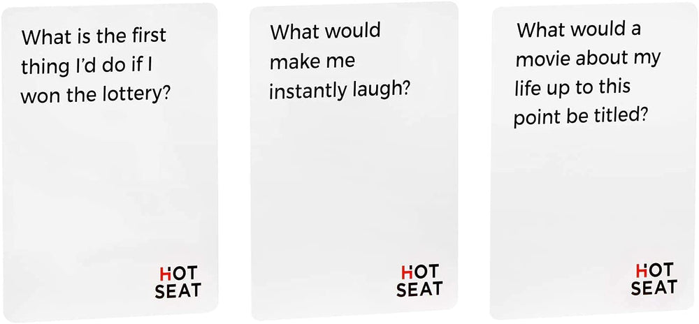 Close-up of Hot Seat card deck with question prompts sparking conversations.
