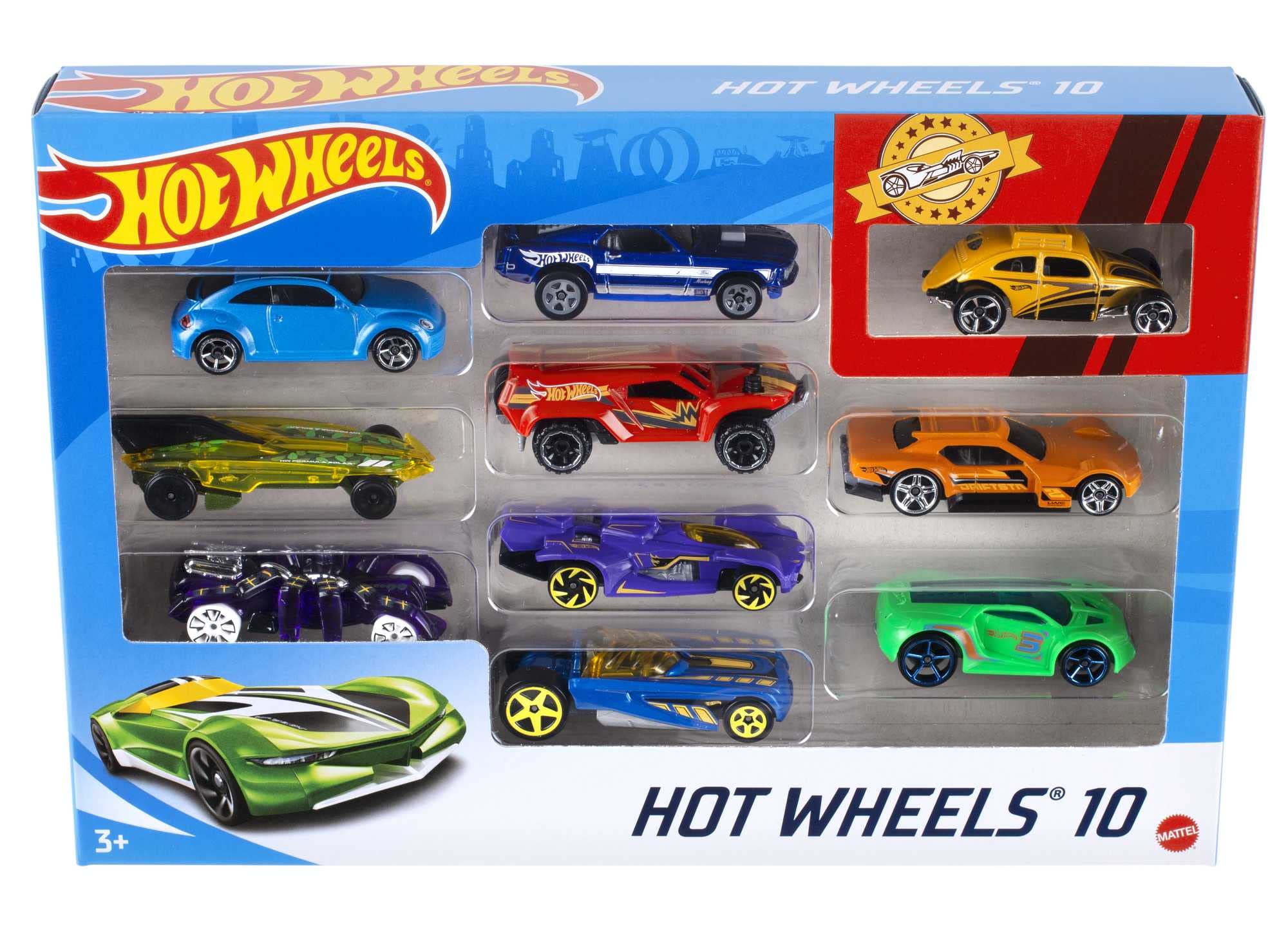 Hot Wheels 10-car pack front view highlights authentic 1:64 scale detail for display
