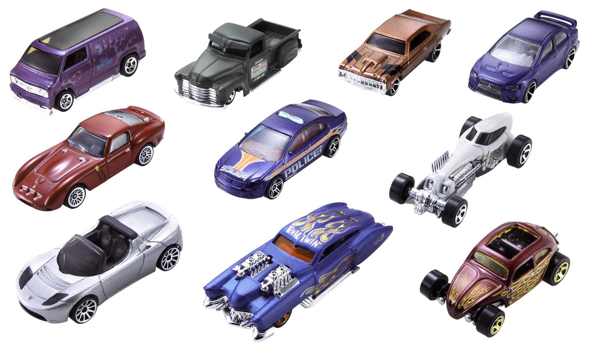 Hot Wheels 10-car pack side view showcases varied decos ideal for play and collection