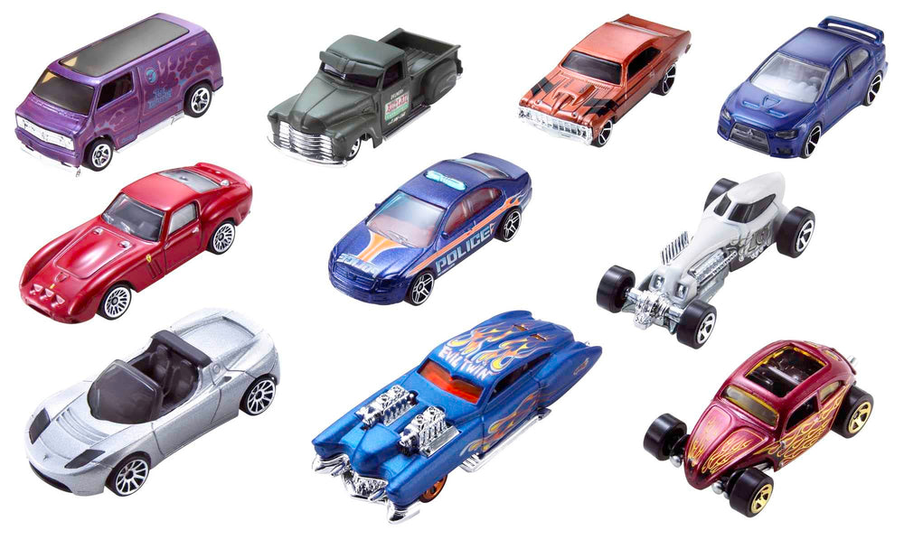 Hot Wheels 10-car pack side view showcases varied decos ideal for play and collection