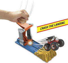 Hot Wheels 164-scale monster-truck in mid-air during a launch.