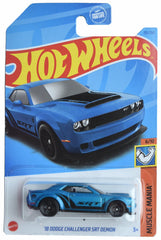 Hot Wheels 18 Dodge Challenger SRT Demon blue side view, ideal for display and collection enthusiasts.