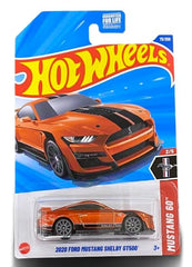 Hot Wheels 2020 Ford Mustang Shelby GT500 orange 1:64 scale display model for collectors.