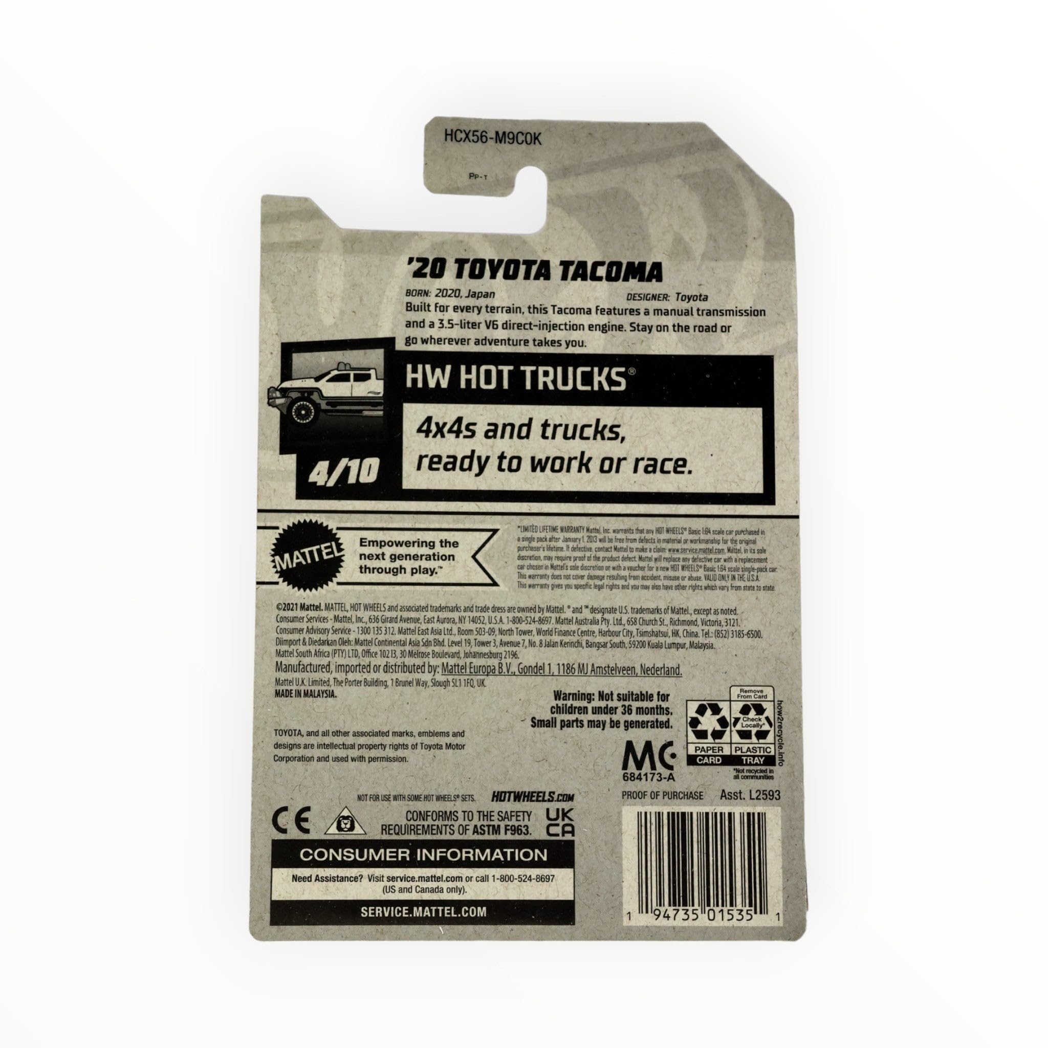 Hot Wheels 2020 Toyota Tacoma red packaging image for gifting or display