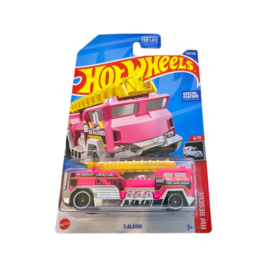 Hot Wheels 2022 5 Alarm pink fire truck, front view, ideal for display and play.