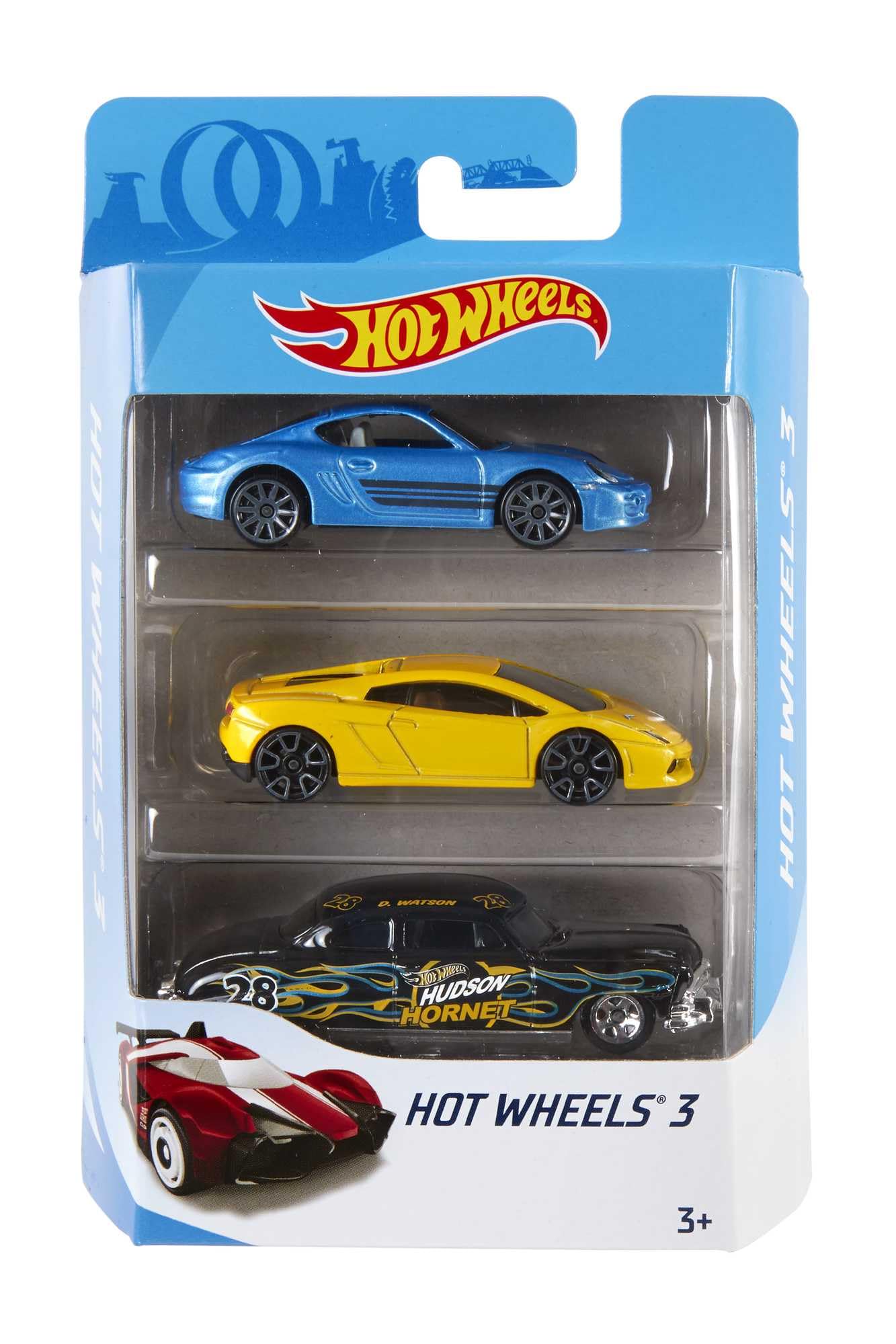 Hot Wheels 3-pack 1:64 scale vehicles with authentic deco for play and display.