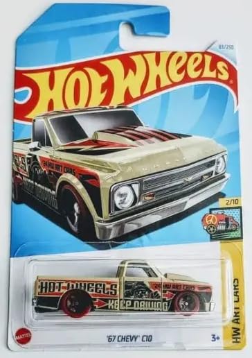 Hot Wheels 1967 Chevy C10 art car for display and collection, metal construction.