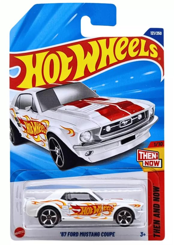 Mattel Hot Wheels 67 Ford Mustang Coupe in white, detailed display-ready die-cast collectible.