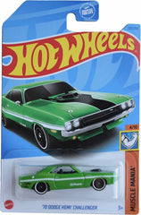 Hot Wheels 70 Dodge Hemi Challenger Muscle Mania Green, front view, ideal for display and play