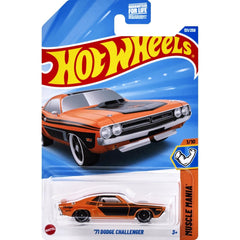 Hot Wheels 71 Dodge Challenger front view highlights orange-black finish for display and collection.
