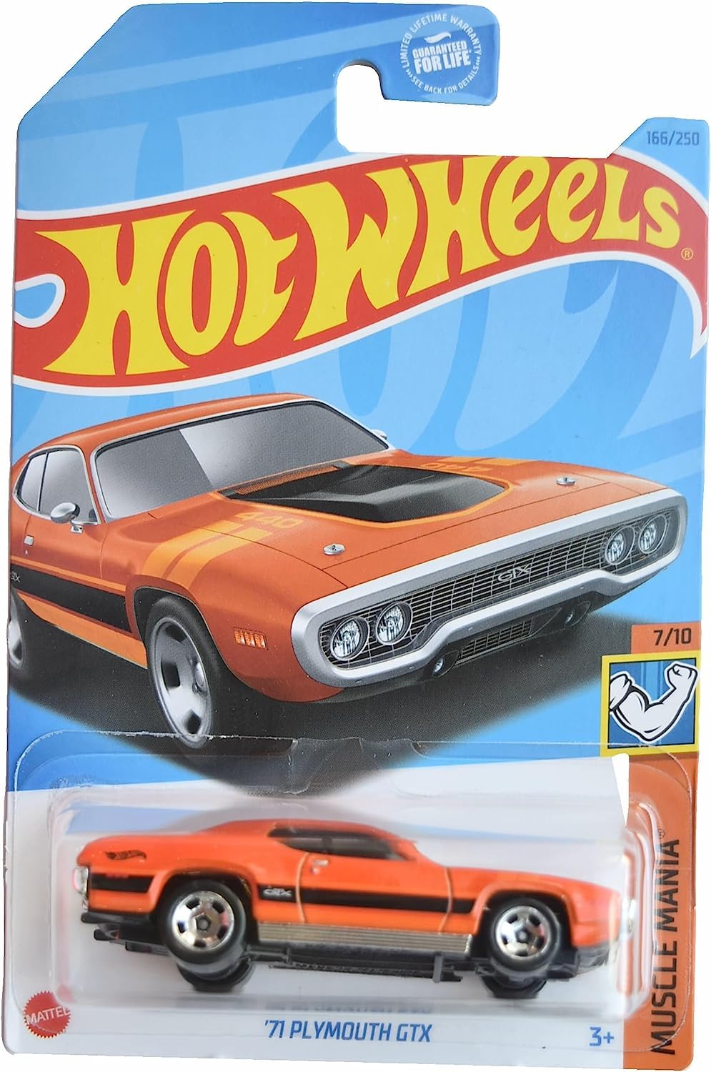Hot Wheels 71 Plymouth GTX orange die-cast with premium details for display and collection.