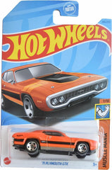Hot Wheels 71 Plymouth GTX orange die-cast with premium details for display and collection.