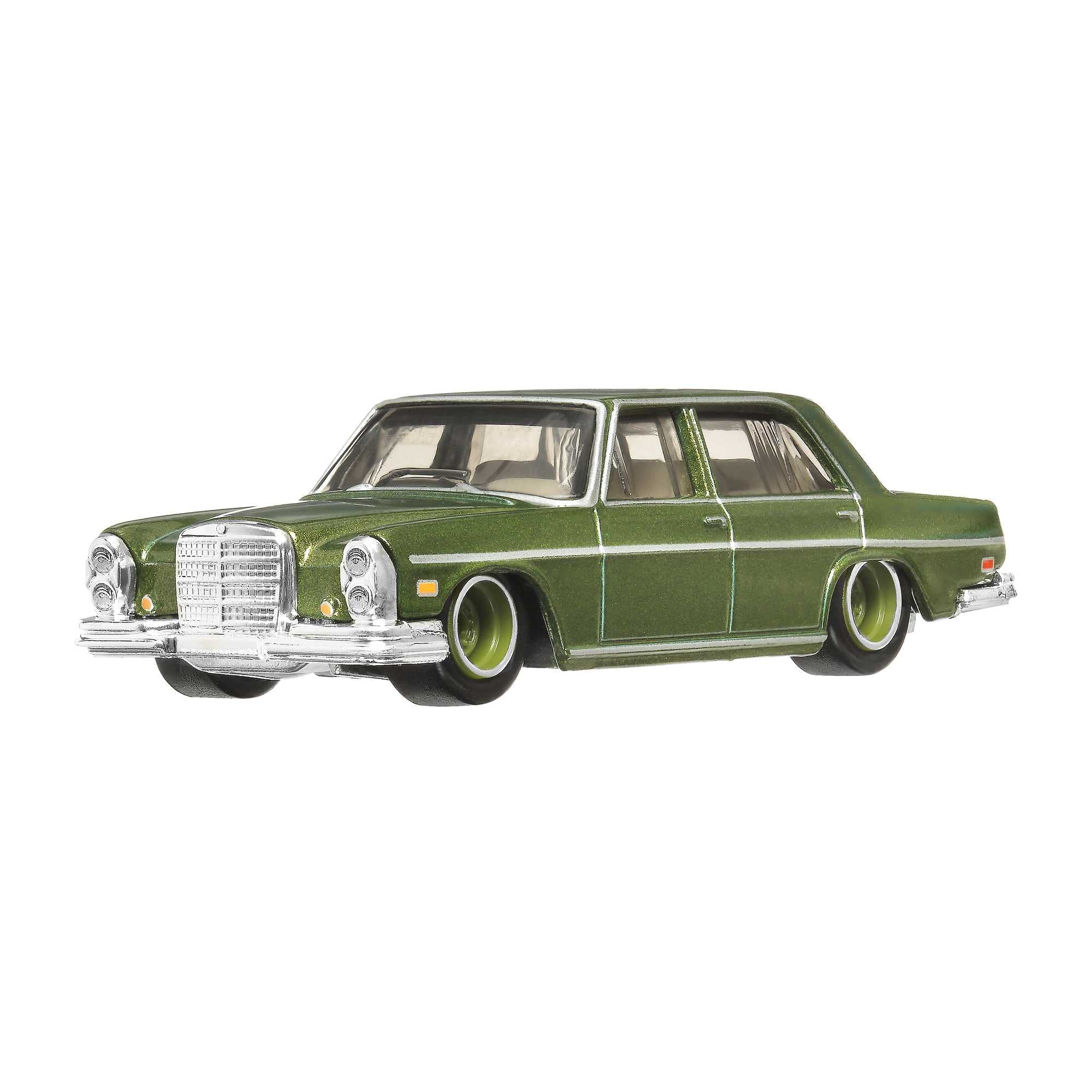 Hot Wheels 72 Mercedes-Benz 280 SEL 4.5 front view showcases precise scale detailing for display.