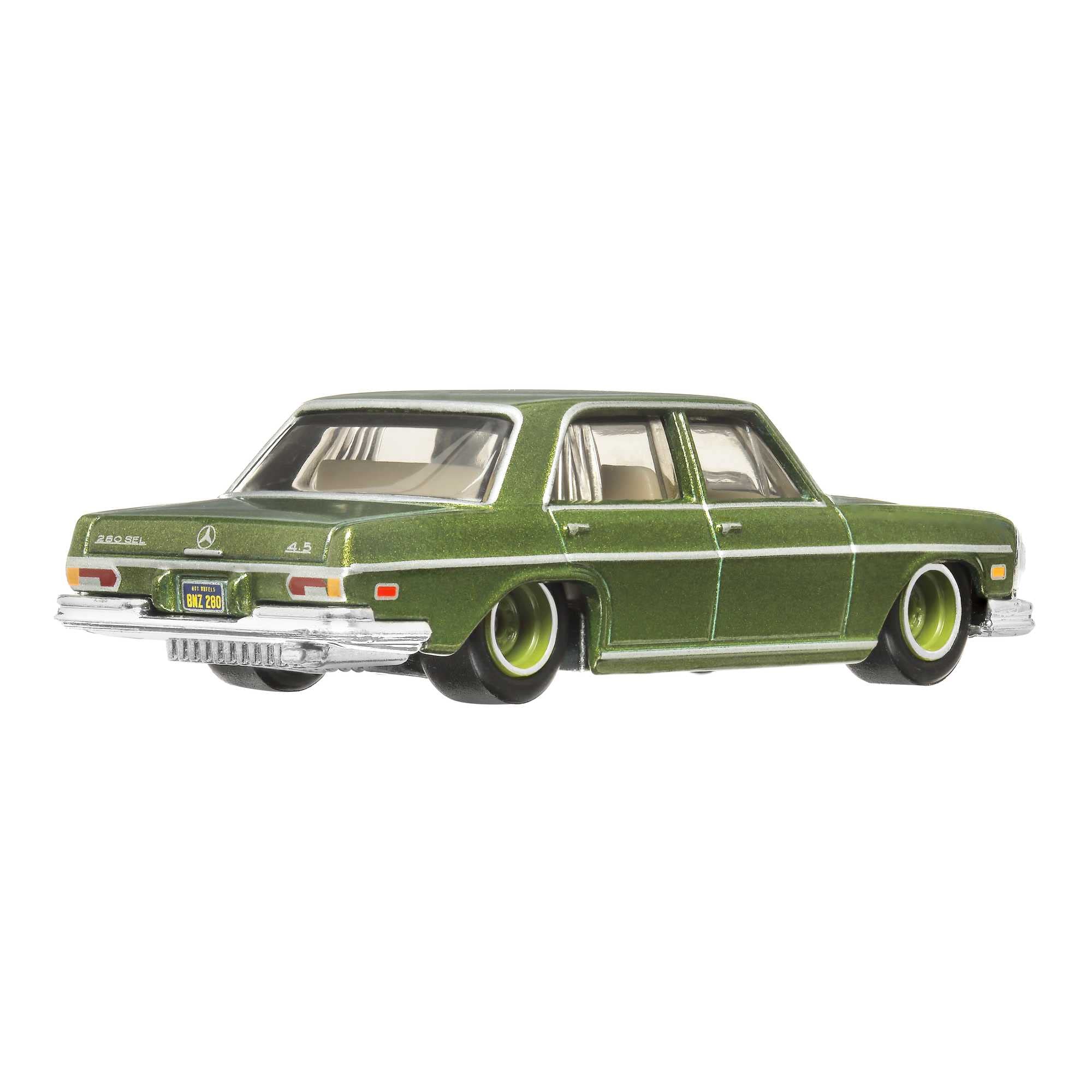 Hot Wheels 72 Mercedes-Benz 280 SEL 4.5 side profile shows authentic silhouette for collectors.