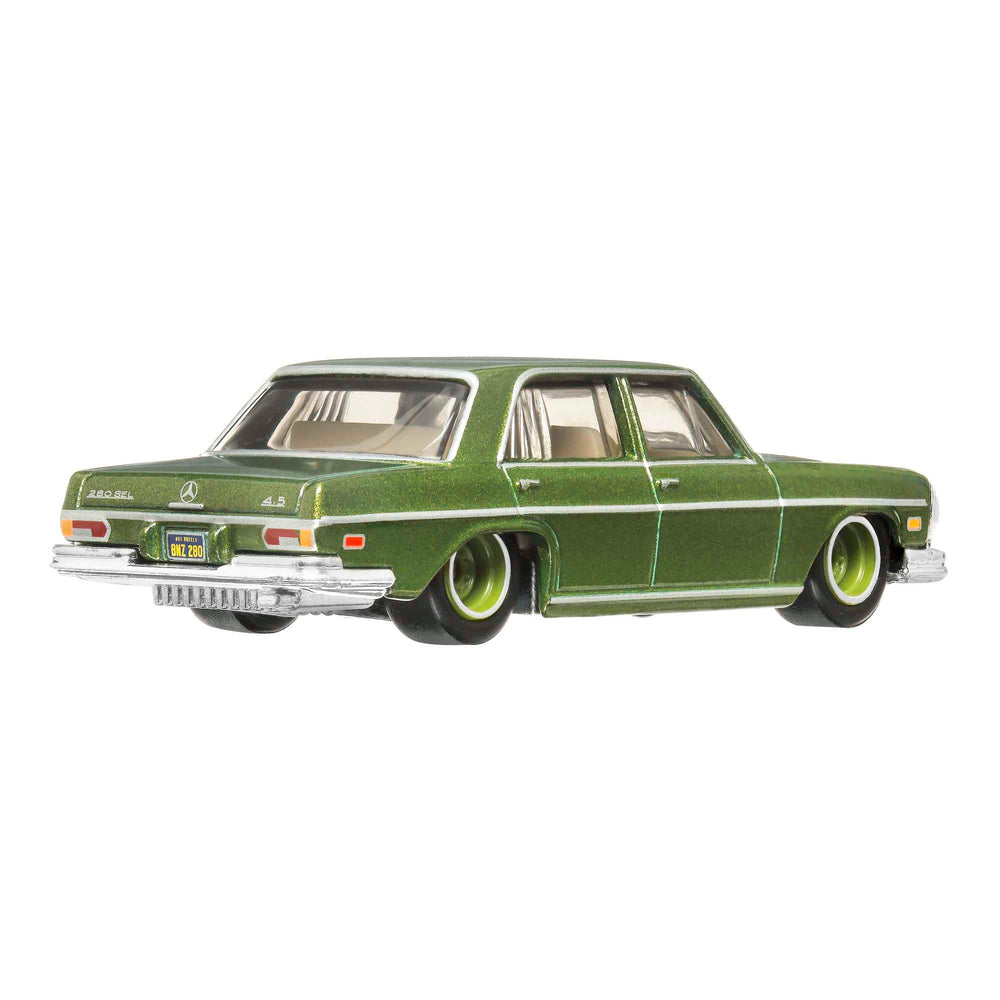 Hot Wheels 72 Mercedes-Benz 280 SEL 4.5 side profile shows authentic silhouette for collectors.