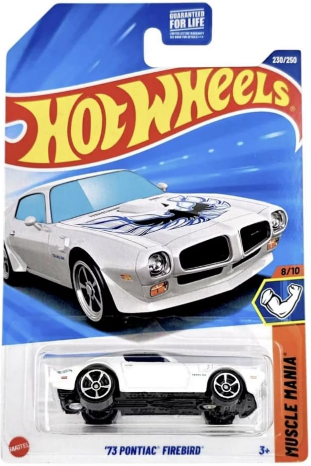 Hot Wheels 73 Pontiac Firebird in white with blue bird diecast for display and collection.