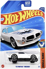 Hot Wheels 73 Pontiac Firebird in white with blue bird diecast for display and collection.