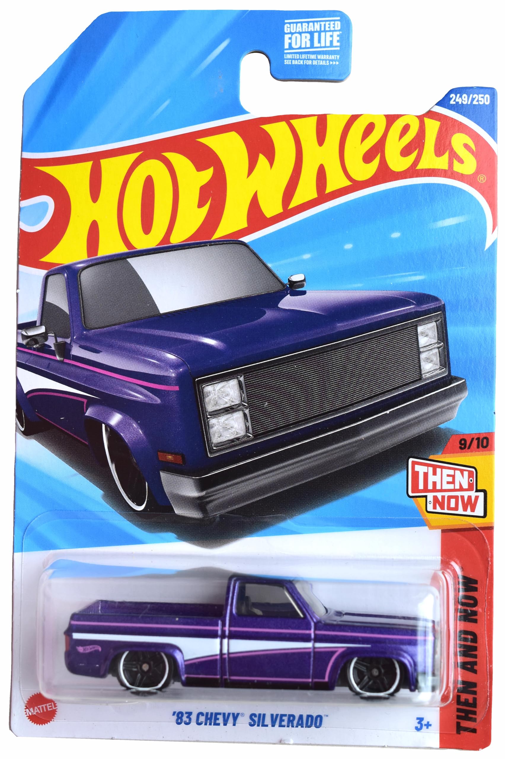 Hot Wheels 83 Chevy Silverado Then and Now purple die-cast for display and collection.