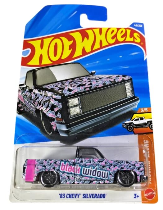 Hot Wheels 1983 Chevy Silverado Black Widow in 1:64 scale, ideal for display and collection.