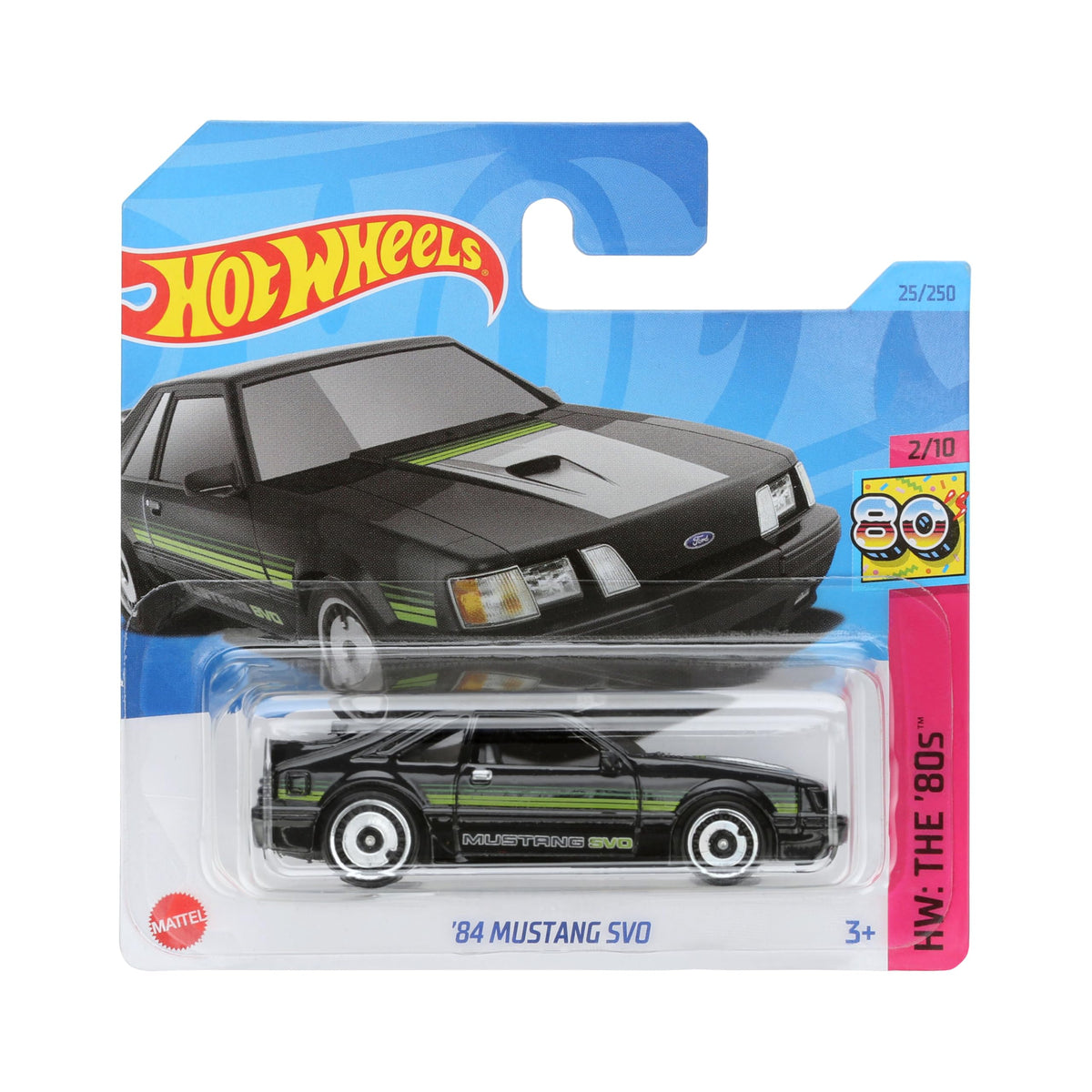 Hot Wheels 84 Mustang SVO box front, display-ready retro styling