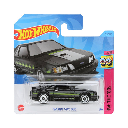 Hot Wheels 84 Mustang SVO box front, display-ready retro styling