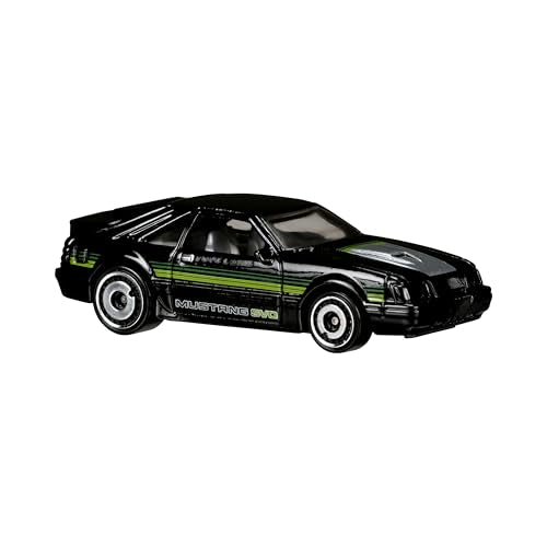 Hot Wheels 84 Mustang SVO close-up exterior, vibrant black/green finish