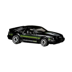 Hot Wheels 84 Mustang SVO close-up exterior, vibrant black/green finish