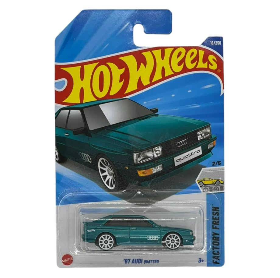 Hot Wheels 87 Audi Quattro Teal Factory Fresh 2/5 on display, ideal for desk or shelf collection.