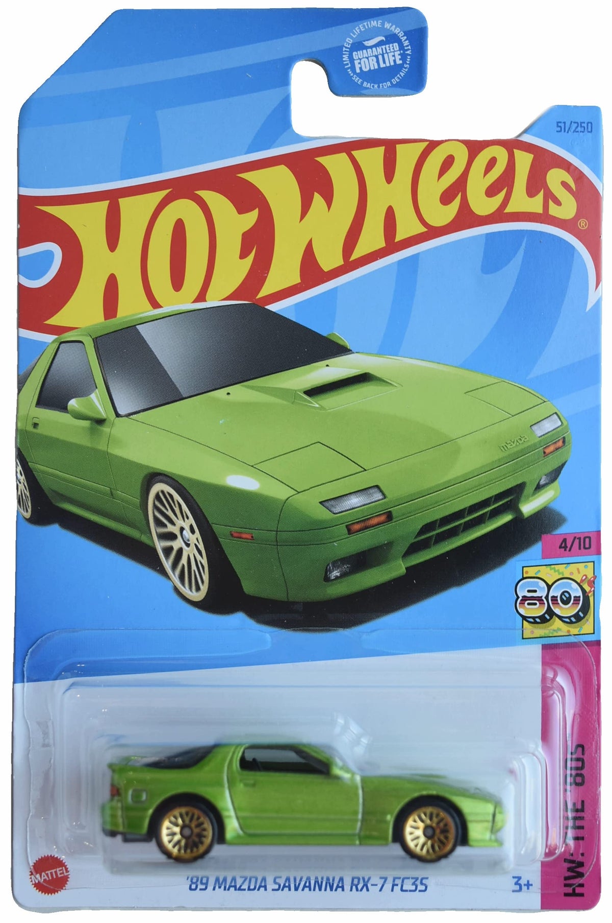 Hot Wheels 89 Mazda Savanna RX-7 FC3S front view, metallic green, collectible die-cast