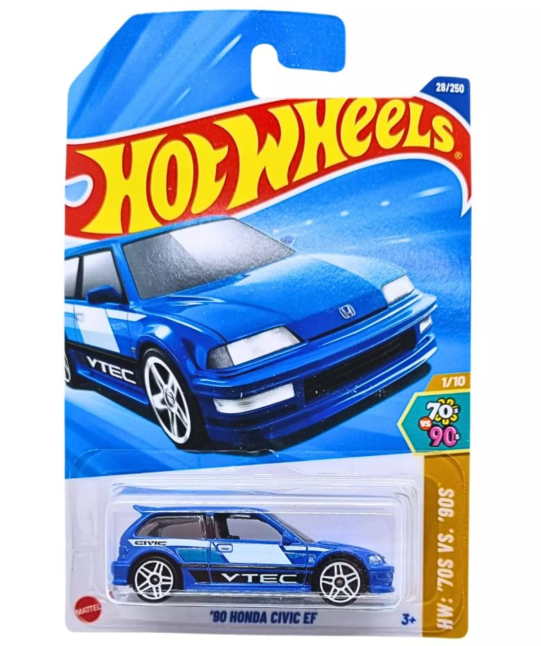 Hot Wheels 90 Honda Civic EF blue die-cast car highlighting authentic styling for display and play.
