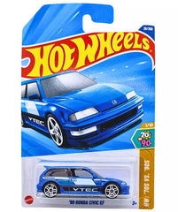 Hot Wheels 90 Honda Civic EF blue die-cast car highlighting authentic styling for display and play.