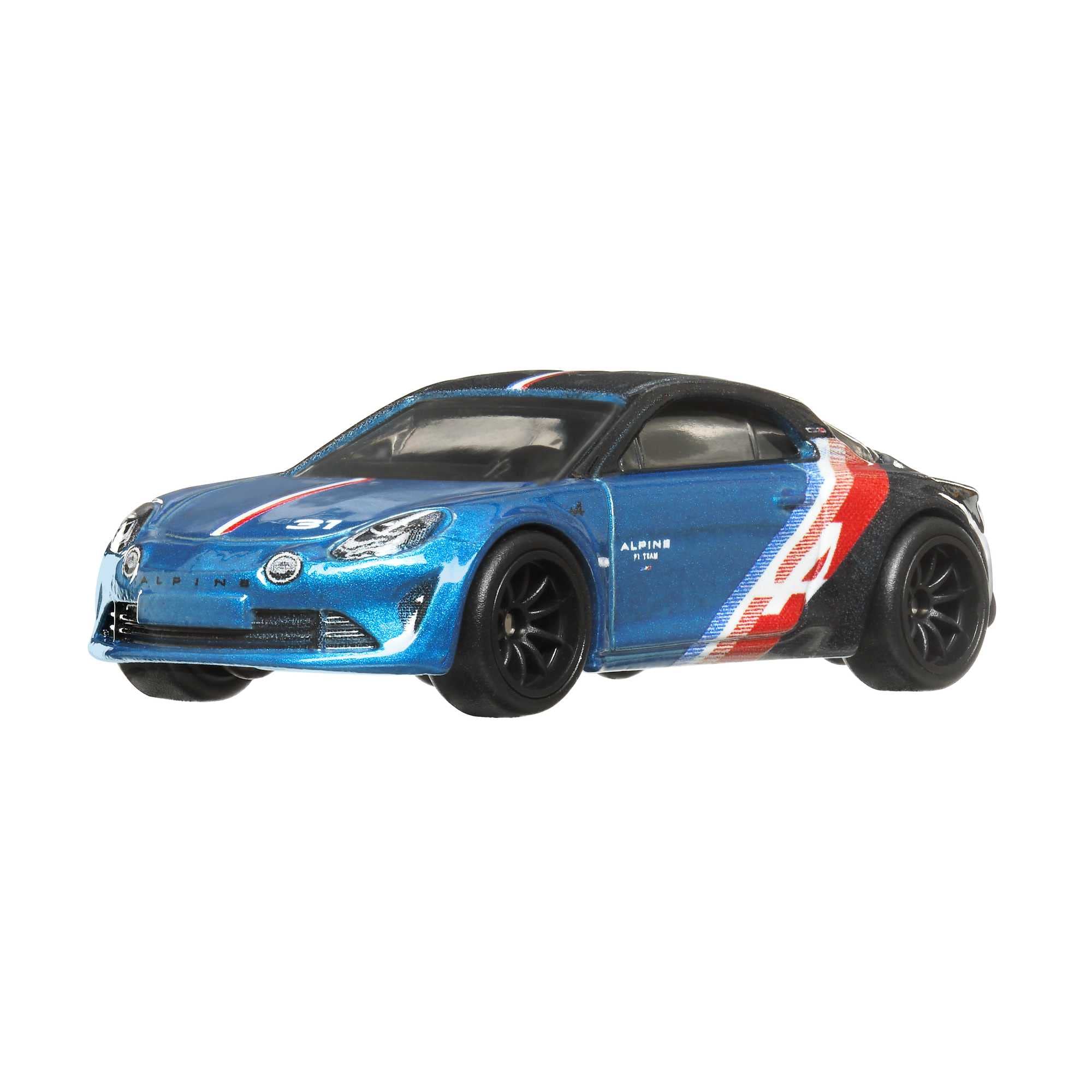 Hot Wheels Alpine A110 front view with detailed deco for display