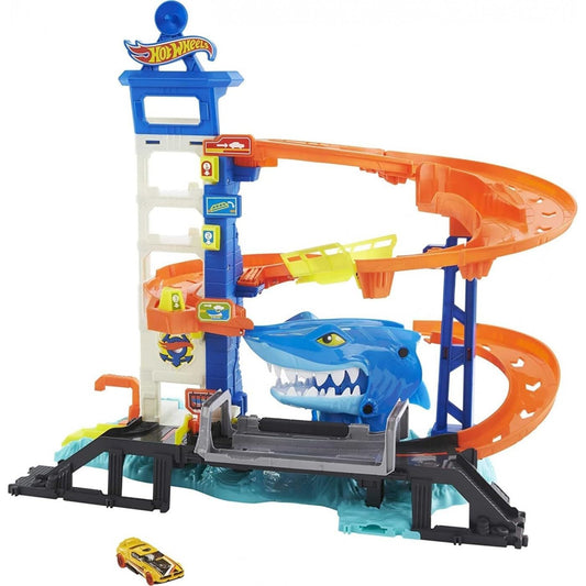 Hot Wheels Attacking Shark Escape Playset shows a shark attack under the city garage for thrilling play