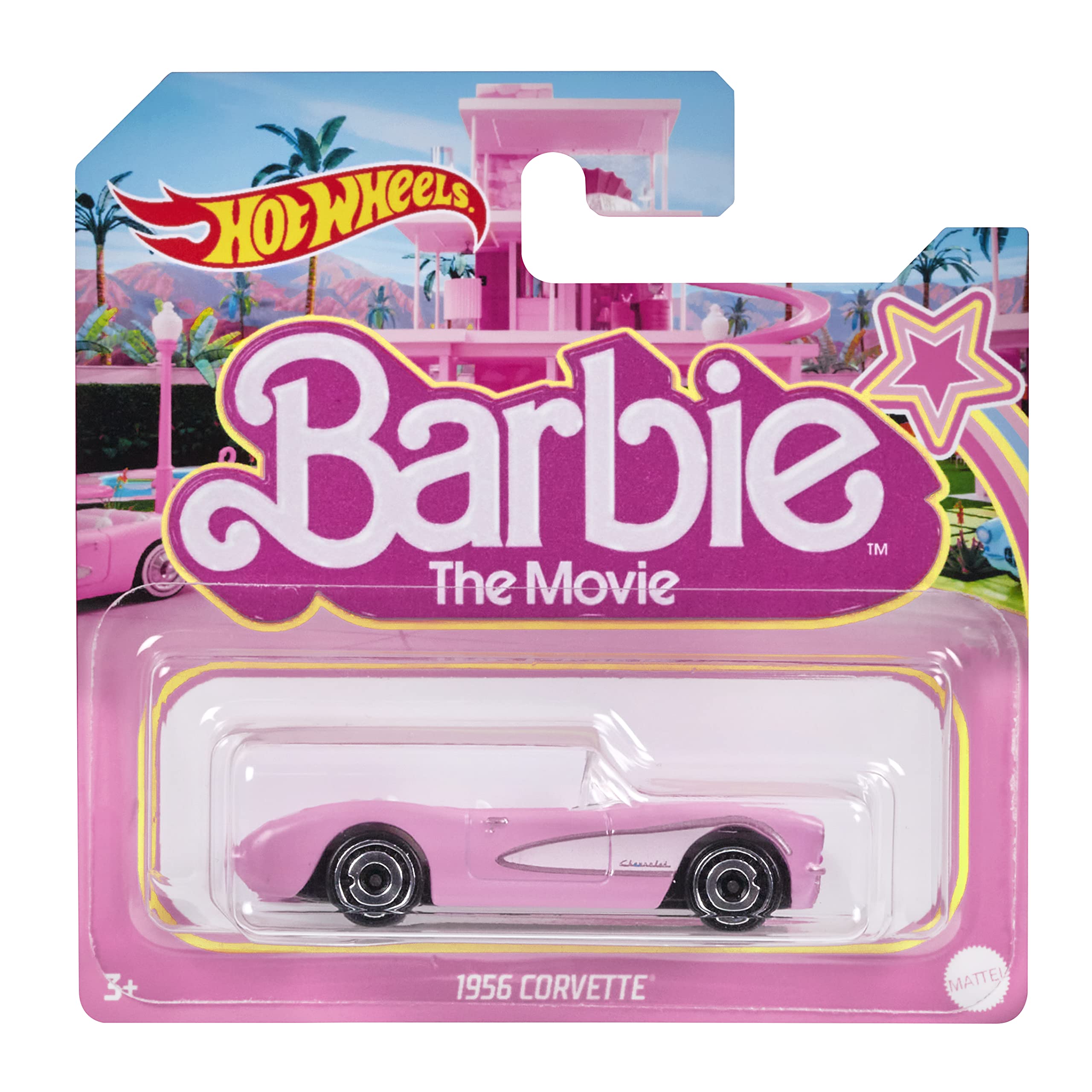Hot Wheels Barbie 1956 Corvette Pink die-cast car, side view for display and storytelling.