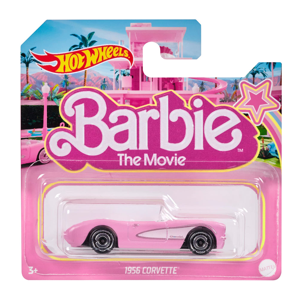 Hot Wheels Barbie 1956 Corvette Pink die-cast car, side view for display and storytelling.
