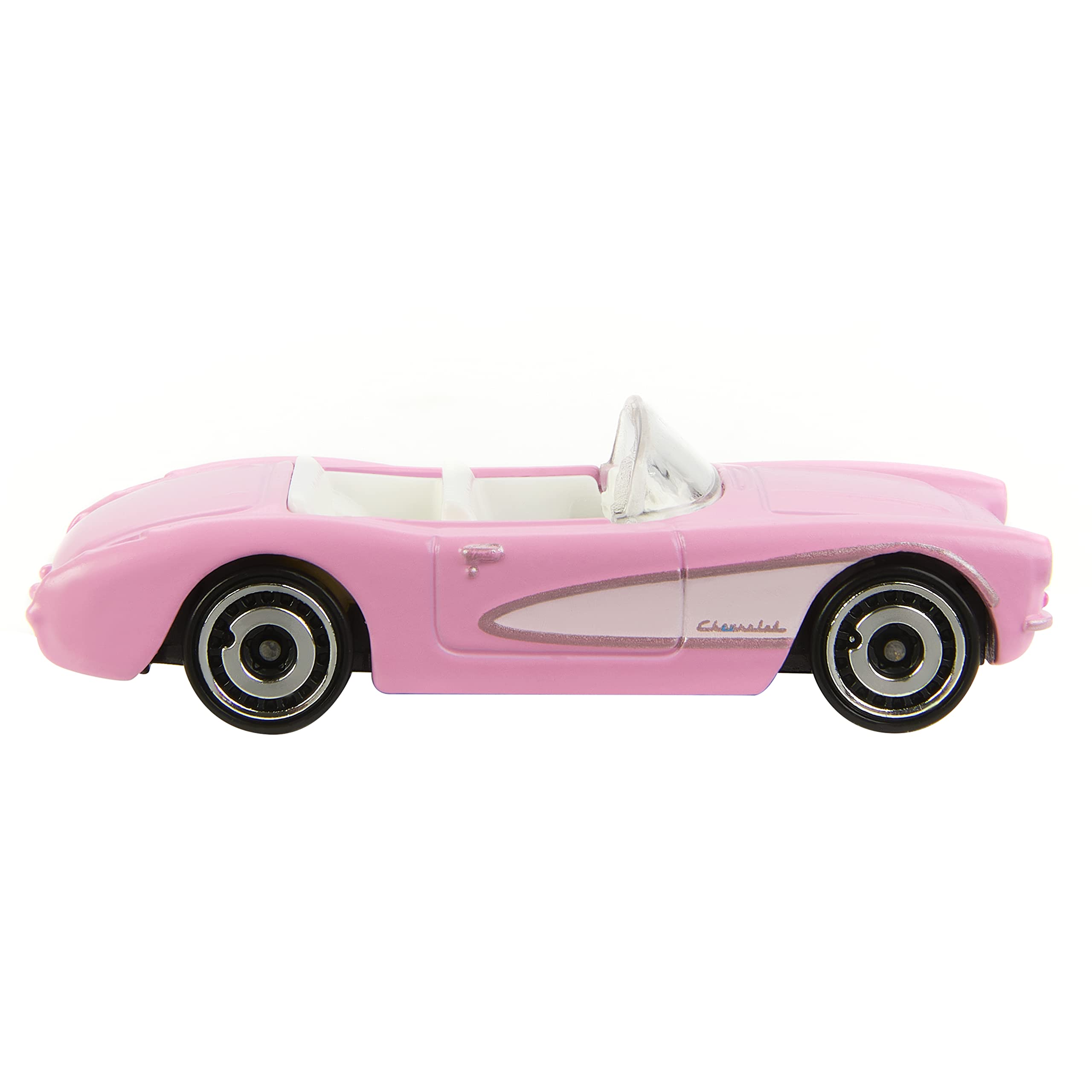 Close-up of Barbie 1956 Corvette pink side detailing, authentic film-inspired accents.