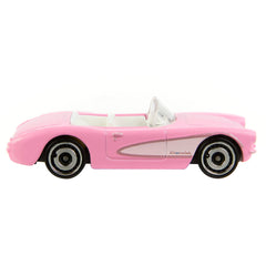 Close-up of Barbie 1956 Corvette pink side detailing, authentic film-inspired accents.