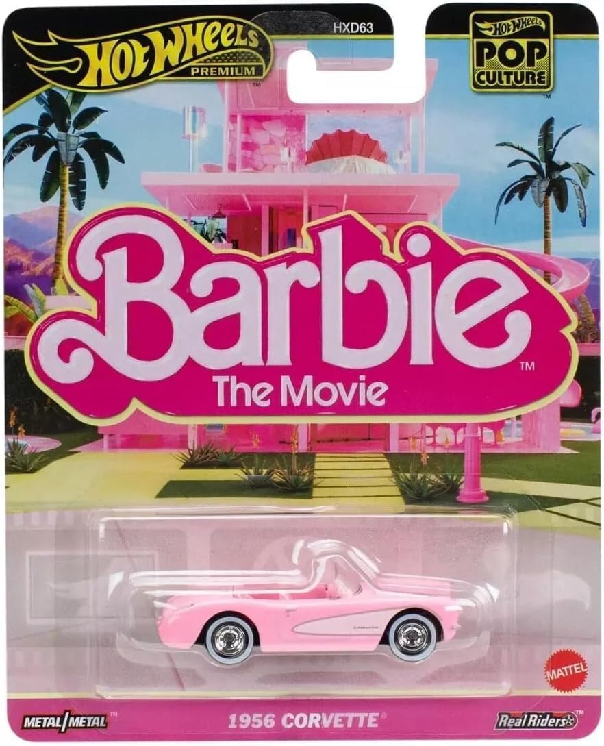 Hot Wheels Barbie Movie Corvette 1956 pink die-cast exterior, ideal for display and collection.