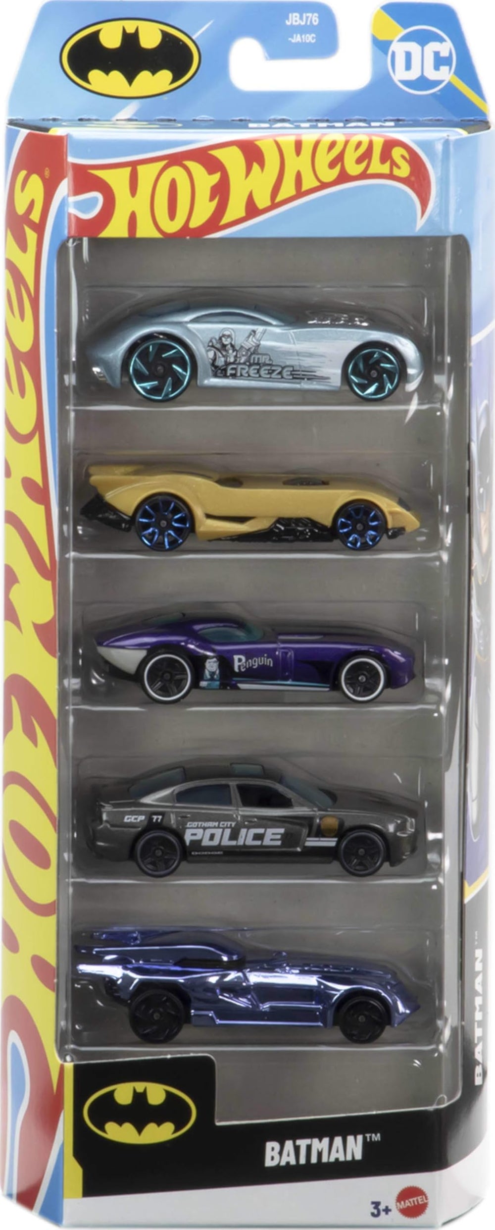 Hot Wheels Batman 5-Pack cover image showing diverse 1:64 scale cars for collection and display.