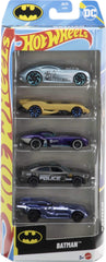 Hot Wheels Batman 5-Pack cover image showing diverse 1:64 scale cars for collection and display.