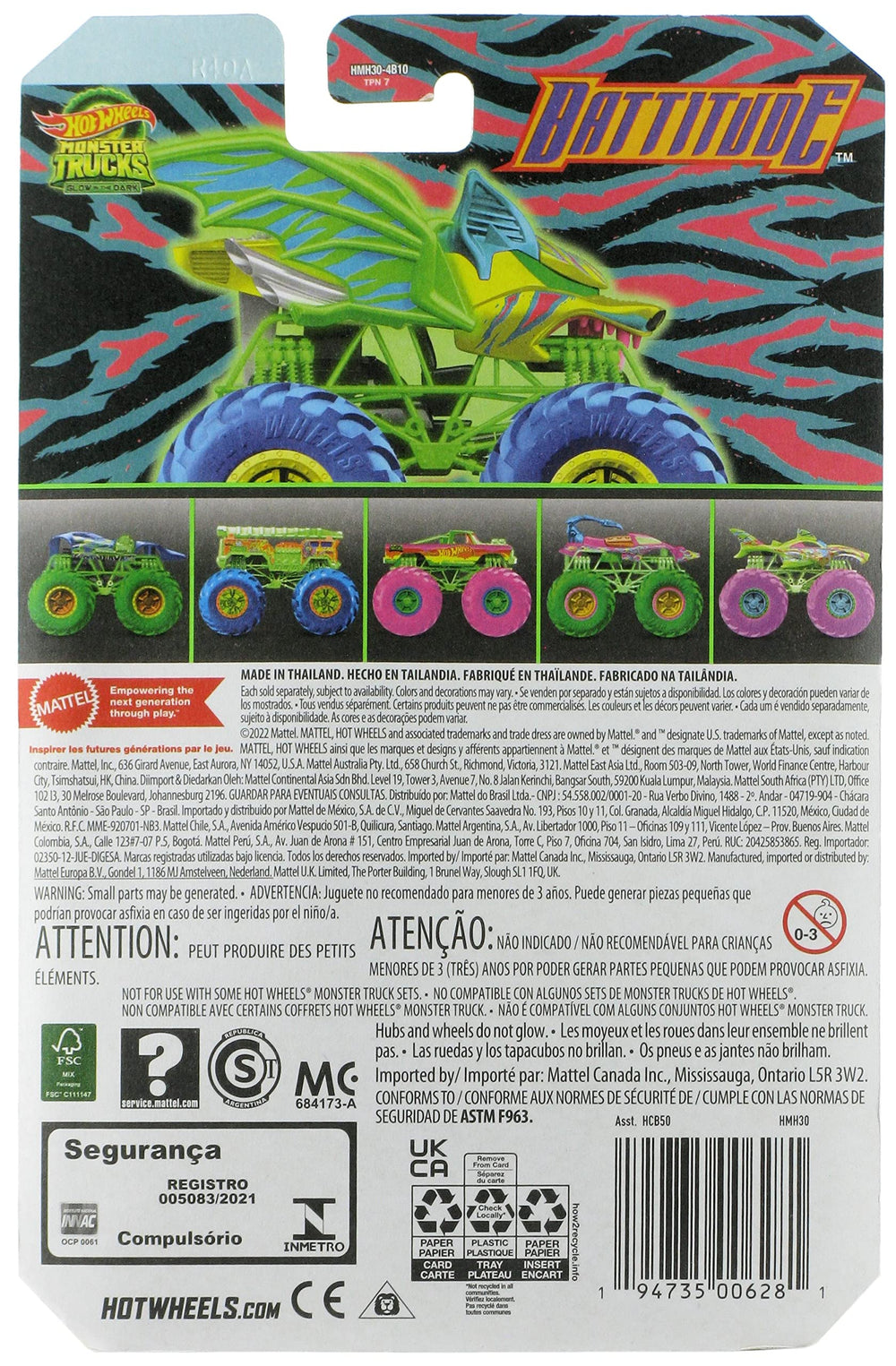 Hot Wheels Battitude glow-in-the-dark diecast close-up reveals detailed graphics.
