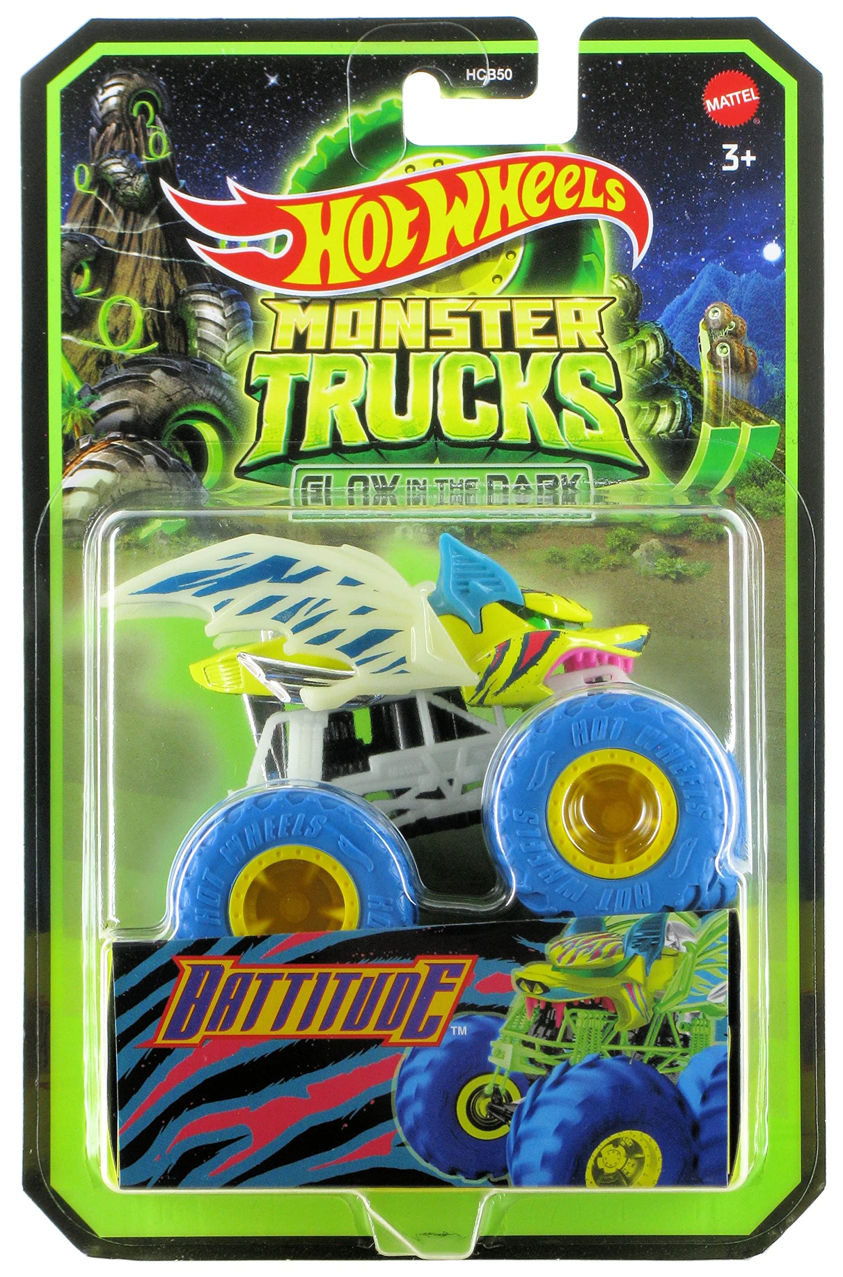 Hot Wheels Battitude glow-in-the-dark diecast, front-left view, ideal for display.