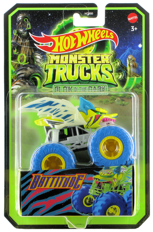 Hot Wheels Battitude glow-in-the-dark diecast, front-left view, ideal for display.